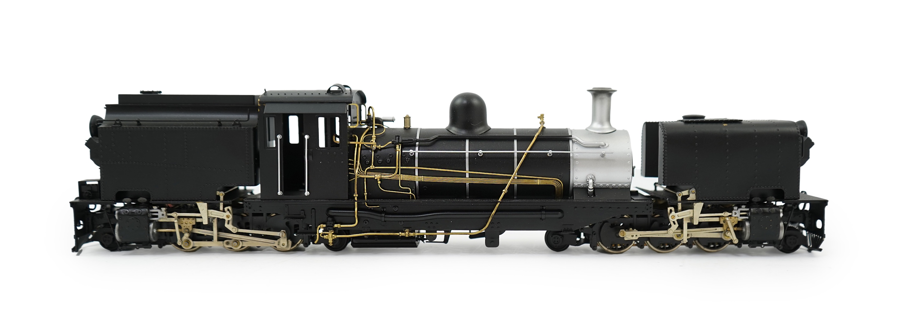 An On30 gauge (1:48 scale) 2-6-2+2-6-2 Beyer-Garratt locomotive, a finely detailed model, of painted brass, etc. construction, running on 00 gauge track and powered for two rail operation